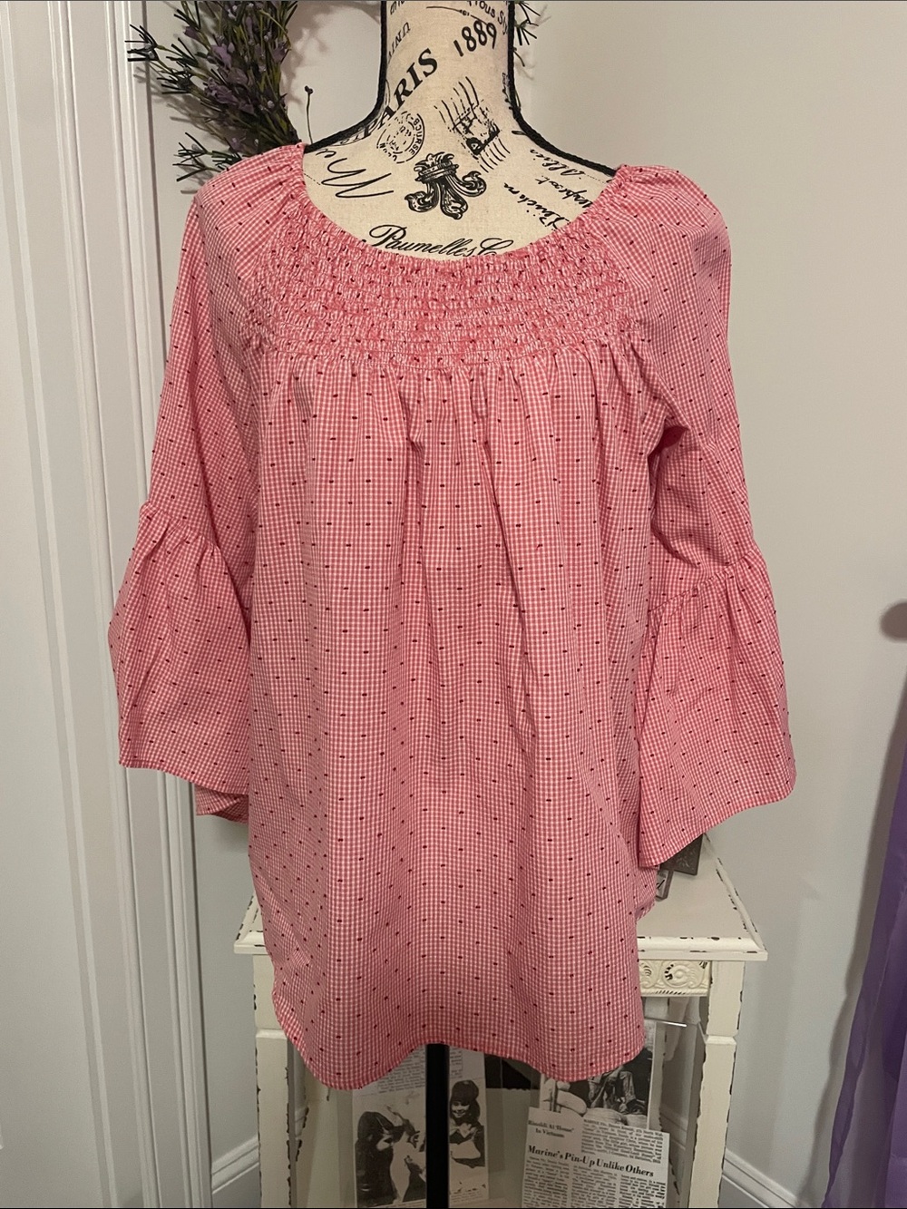 Women's Red/White Smocked Neck Peasant Top Size L